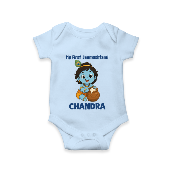 My First Janmashtami Little Krishna Butter Pot Print Romper - BABY BLUE - New Born (Chest 14")