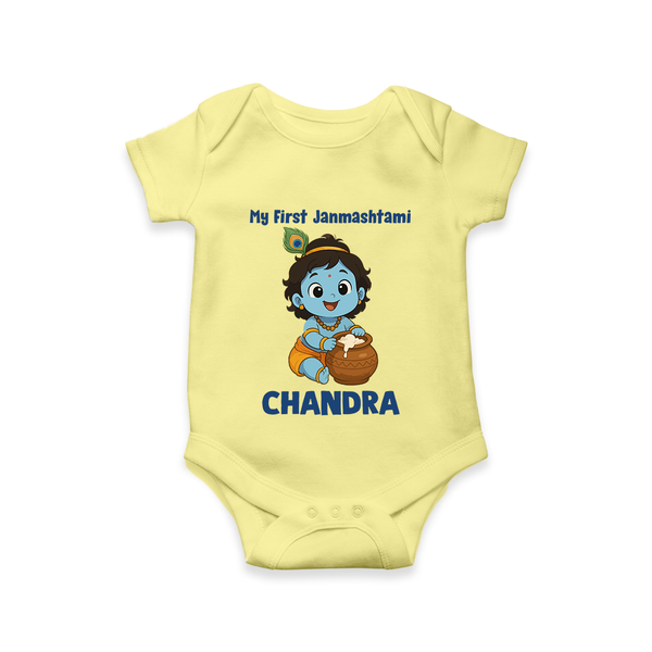 My First Janmashtami Little Krishna Butter Pot Print Romper - PASTEL YELLOW - New Born (Chest 14")