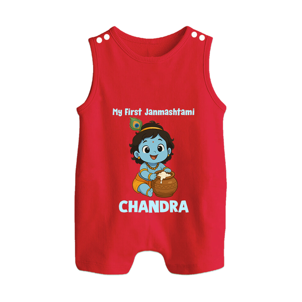 My First Janmashtami Little Krishna Butter Pot Print Button Romper - RED - New Born (Chest 18")