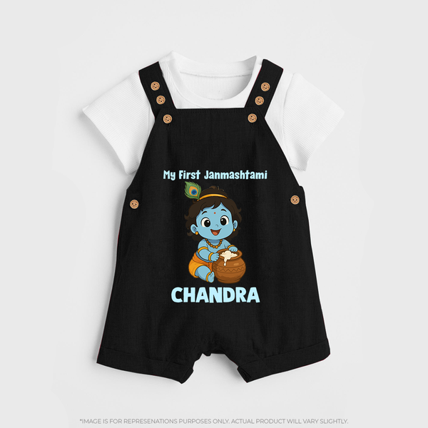 My First Janmashtami Little Krishna Butter Pot Print Dungaree - BLACK - 0 - 5 Months Old (Chest 18")