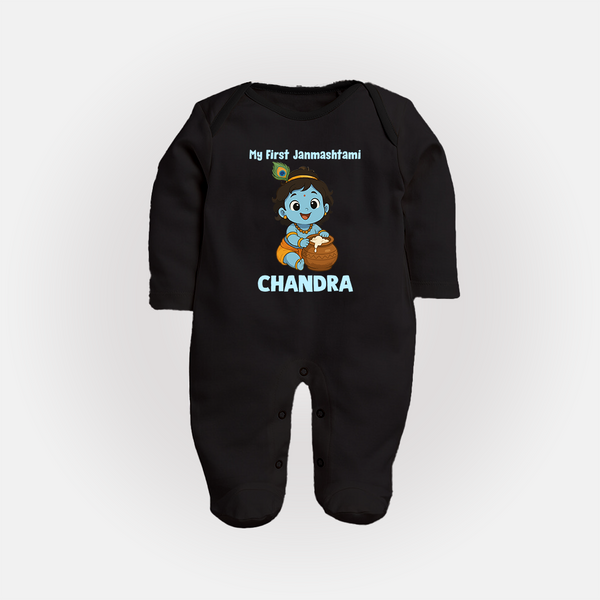 My First Janmashtami Little Krishna Butter Pot Print Fullbody suit - BLACK - New Born (Chest 7.5")