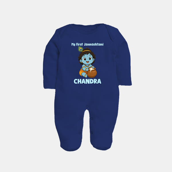 My First Janmashtami Little Krishna Butter Pot Print Fullbody suit - NAVY BLUE - New Born (Chest 7.5")