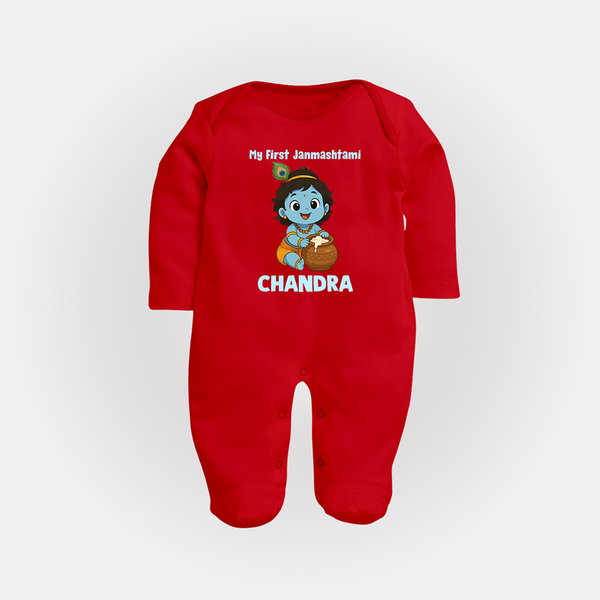 My First Janmashtami Little Krishna Butter Pot Print Fullbody suit - RED - New Born (Chest 7.5")