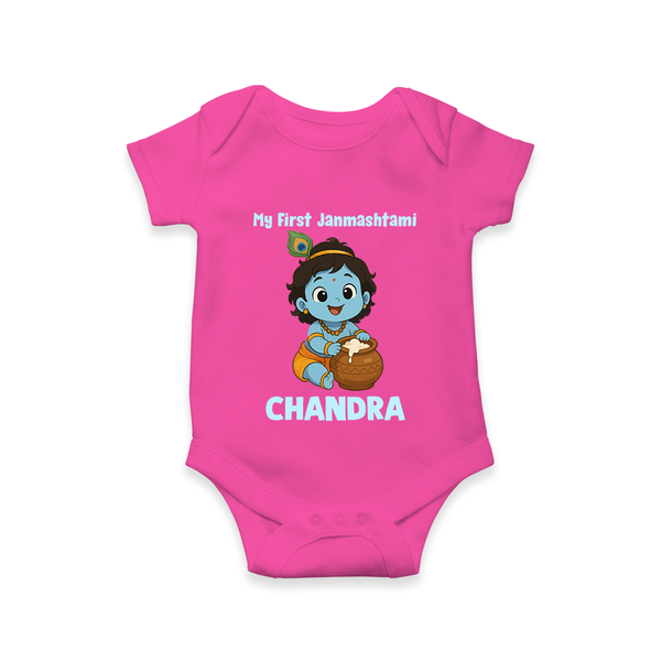 My First Janmashtami Little Krishna Butter Pot Print Romper - HOT PINK - New Born (Chest 14")