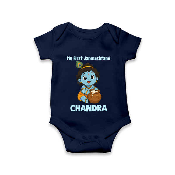 My First Janmashtami Little Krishna Butter Pot Print Romper - NAVY BLUE - New Born (Chest 14")