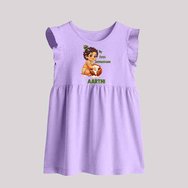 My First Janmashtami Makhan Chor Krishna Print Baby Frock - LILAC - 0 - 3 Months Old (Chest 17")