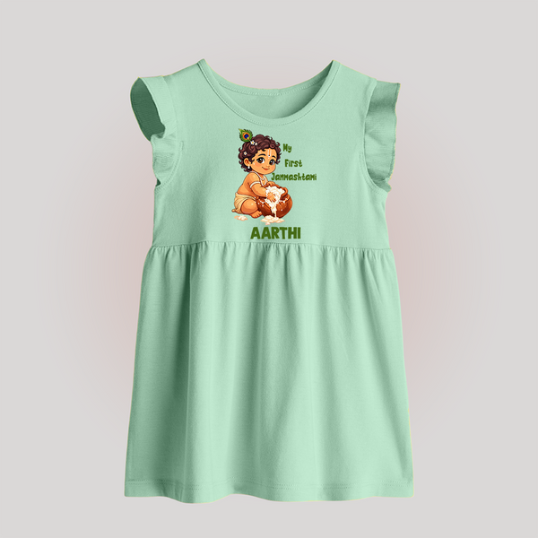 My First Janmashtami Makhan Chor Krishna Print Baby Frock - MINT GREEN - 0 - 3 Months Old (Chest 17")