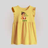 My First Janmashtami Makhan Chor Krishna Print Baby Frock - PASTEL YELLOW - 0 - 3 Months Old (Chest 17")