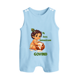 My First Janmashtami Makhan Chor Krishna Print Button Romper - BABY BLUE - New Born (Chest 18")