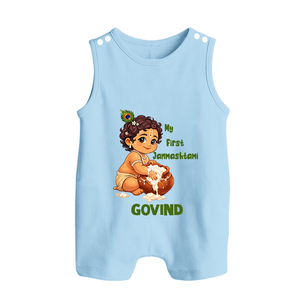 My First Janmashtami Makhan Chor Krishna Print Button Romper - BABY BLUE - New Born (Chest 18")