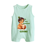 My First Janmashtami Makhan Chor Krishna Print Button Romper - MINT GREEN - New Born (Chest 18")
