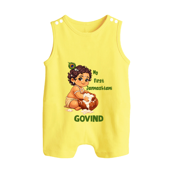 My First Janmashtami Makhan Chor Krishna Print Button Romper - PASTEL YELLOW - New Born (Chest 18")