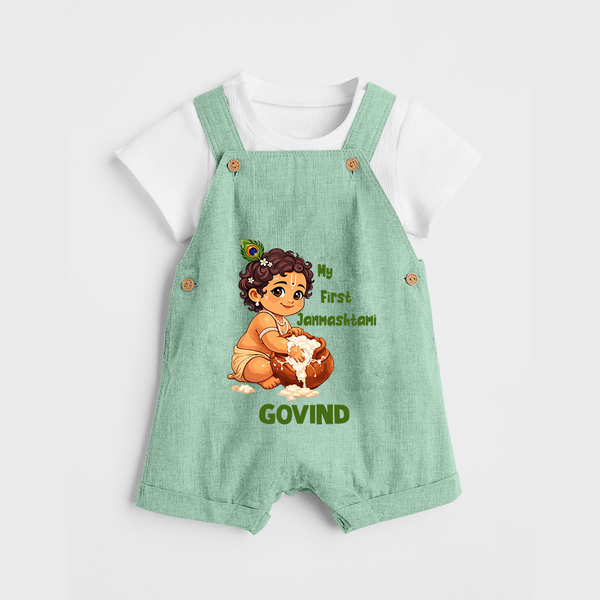 My First Janmashtami Makhan Chor Krishna Print Dungaree - MINT GREEN - 0 - 5 Months Old (Chest 18")