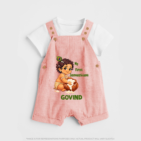 My First Janmashtami Makhan Chor Krishna Print Dungaree - PEACH - 0 - 5 Months Old (Chest 18")
