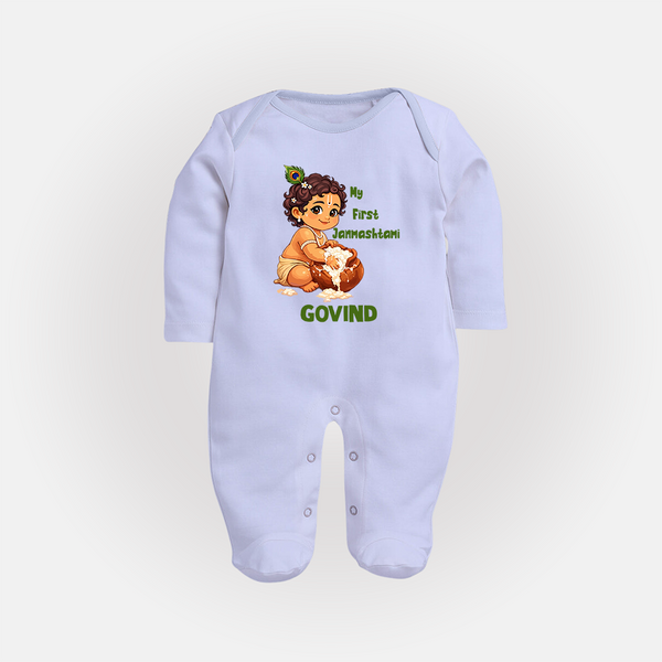 My First Janmashtami Makhan Chor Krishna Print Fullbody suit - BABY BLUE - New Born (Chest 7.5")