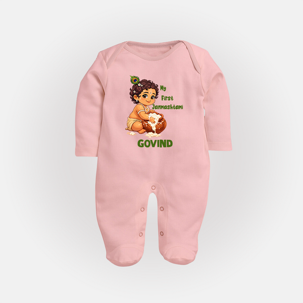 My First Janmashtami Makhan Chor Krishna Print Fullbody suit - BABY PINK - New Born (Chest 7.5")