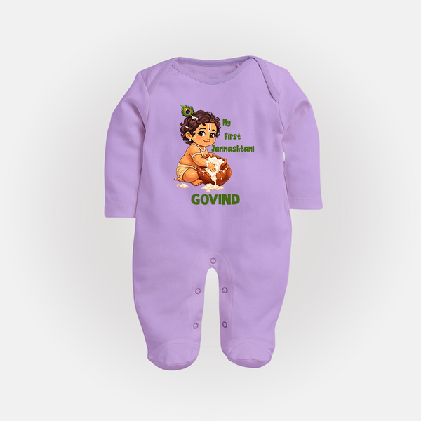 My First Janmashtami Makhan Chor Krishna Print Fullbody suit - LILAC - New Born (Chest 7.5")