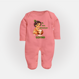 My First Janmashtami Makhan Chor Krishna Print Fullbody suit - PEACH - New Born (Chest 7.5")