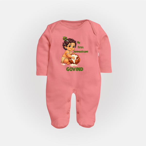 My First Janmashtami Makhan Chor Krishna Print Fullbody suit - PEACH - New Born (Chest 7.5")