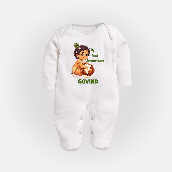My First Janmashtami Makhan Chor Krishna Print Fullbody suit - WHITE - New Born (Chest 7.5")
