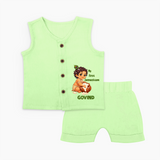 My First Janmashtami Makhan Chor Krishna Print Jabla - PASTEL GREEN - 0 - 3 Months Old (Chest 9.8")
