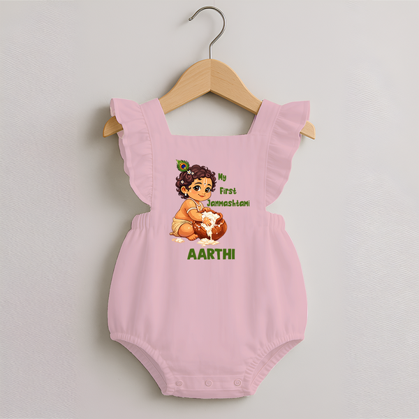 My First Janmashtami Makhan Chor Krishna Print Romper Frock - BABY PINK - 0 - 3 Months Old (Chest 19")