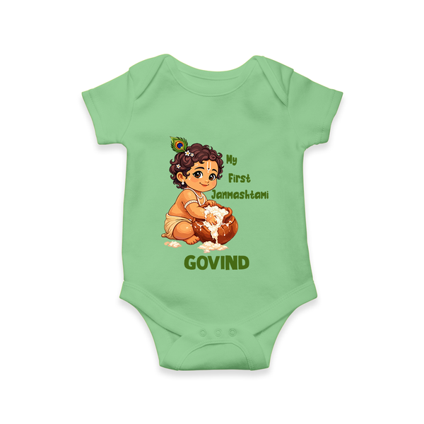 My First Janmashtami Makhan Chor Krishna Print Romper - GREEN - New Born (Chest 14")