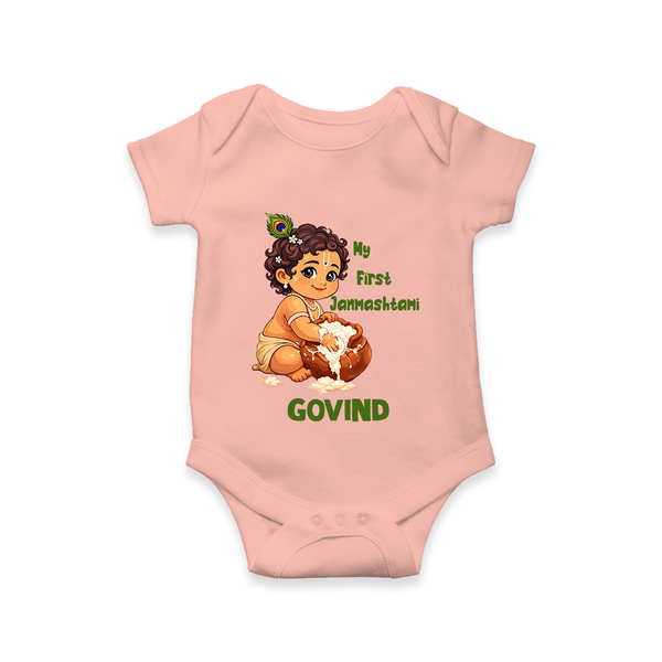 My First Janmashtami Makhan Chor Krishna Print Romper - PEACH - New Born (Chest 14")
