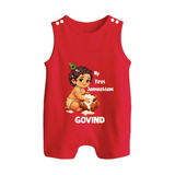 My First Janmashtami Makhan Chor Krishna Print Button Romper - RED - New Born (Chest 18")
