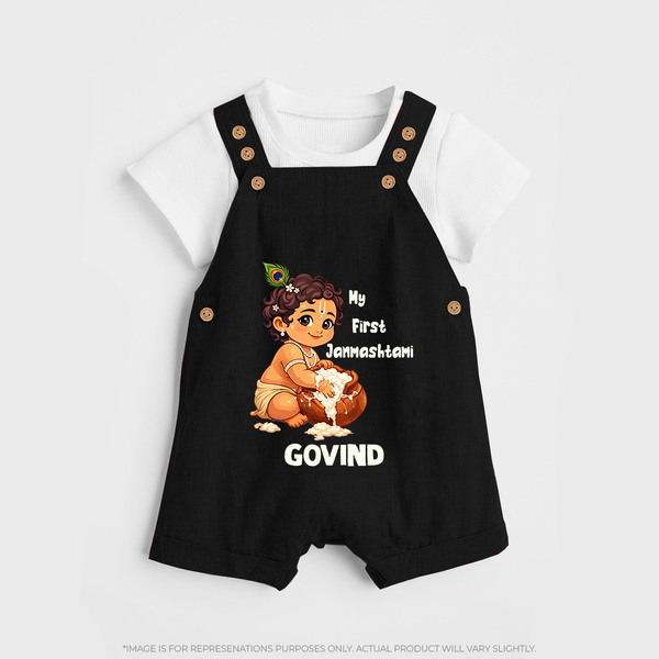 My First Janmashtami Makhan Chor Krishna Print Dungaree - BLACK - 0 - 5 Months Old (Chest 18")