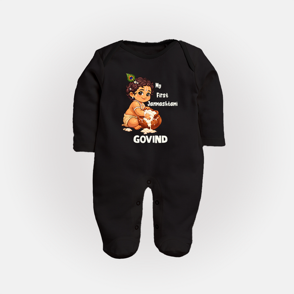 My First Janmashtami Makhan Chor Krishna Print Fullbody suit - BLACK - New Born (Chest 7.5")