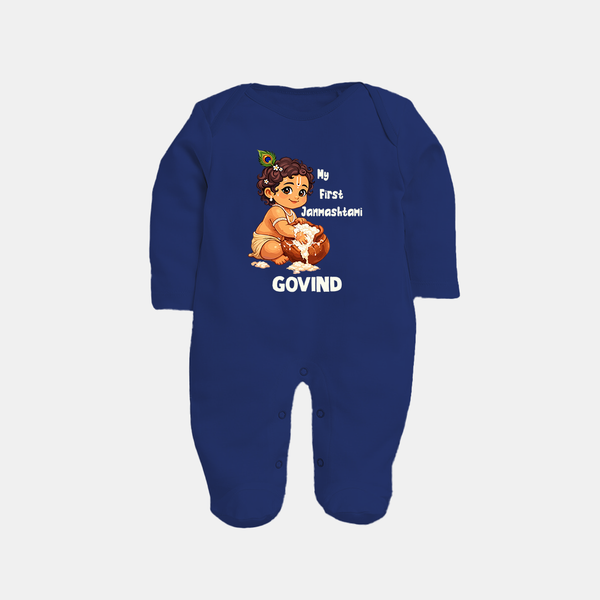 My First Janmashtami Makhan Chor Krishna Print Fullbody suit - NAVY BLUE - New Born (Chest 7.5")