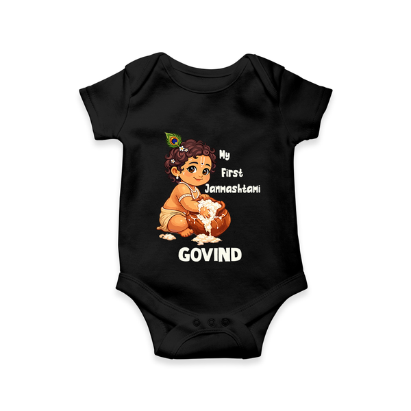 My First Janmashtami Makhan Chor Krishna Print Romper - BLACK - New Born (Chest 14")