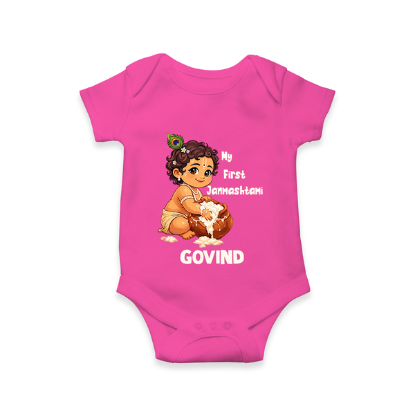 My First Janmashtami Makhan Chor Krishna Print Romper - HOT PINK - New Born (Chest 14")