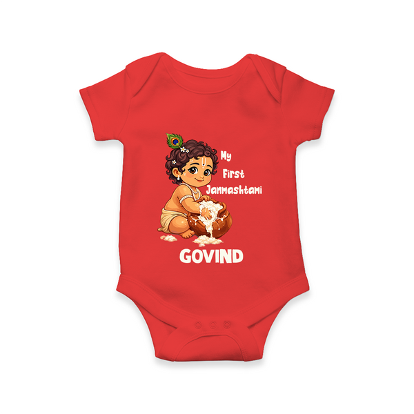 My First Janmashtami Makhan Chor Krishna Print Romper - RED - New Born (Chest 14")