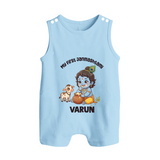 My First Janmashtami Krishna With Cow & Matki Print Button Romper - BABY BLUE - New Born (Chest 18")