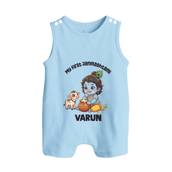 My First Janmashtami Krishna With Cow & Matki Print Button Romper - BABY BLUE - New Born (Chest 18")