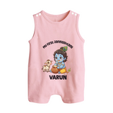 My First Janmashtami Krishna With Cow & Matki Print Button Romper - BABY PINK - New Born (Chest 18")