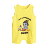 My First Janmashtami Krishna With Cow & Matki Print Button Romper - PASTEL YELLOW - New Born (Chest 18")