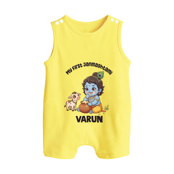 My First Janmashtami Krishna With Cow & Matki Print Button Romper - PASTEL YELLOW - New Born (Chest 18")
