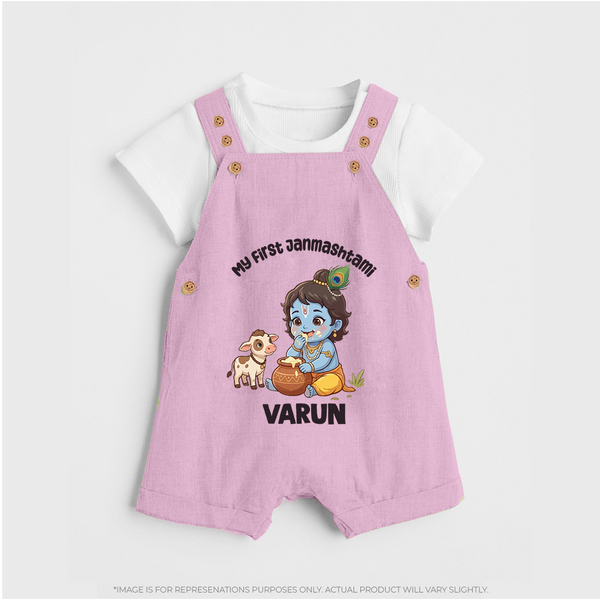 My First Janmashtami Krishna With Cow & Matki Print Dungaree - BABY PINK - 0 - 5 Months Old (Chest 18")
