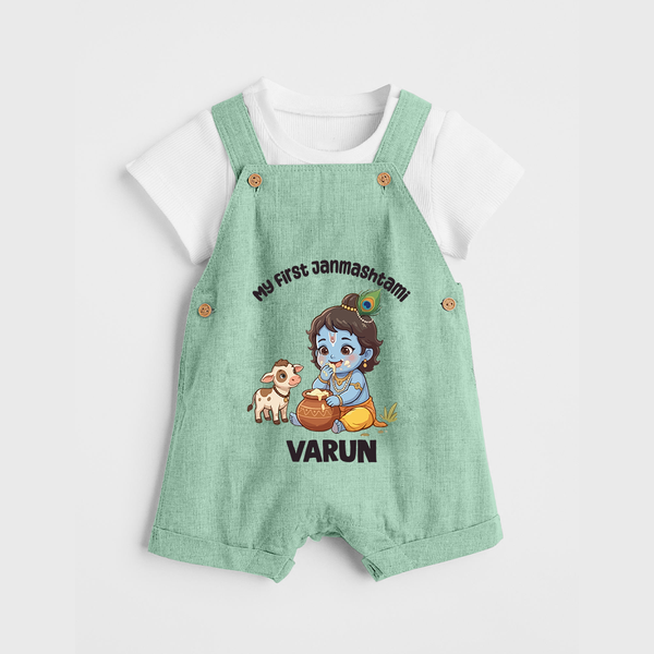My First Janmashtami Krishna With Cow & Matki Print Dungaree - MINT GREEN - 0 - 5 Months Old (Chest 18")