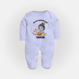 My First Janmashtami Krishna With Cow & Matki Print Fullbody suit - BABY BLUE - New Born (Chest 7.5")