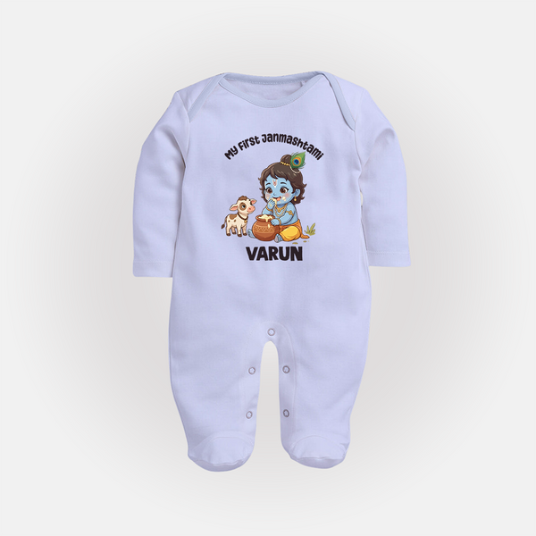 My First Janmashtami Krishna With Cow & Matki Print Fullbody suit - BABY BLUE - New Born (Chest 7.5")
