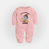 My First Janmashtami Krishna With Cow & Matki Print Fullbody suit - BABY PINK - New Born (Chest 7.5")