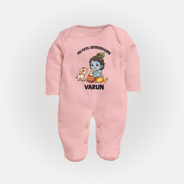 My First Janmashtami Krishna With Cow & Matki Print Fullbody suit - BABY PINK - New Born (Chest 7.5")