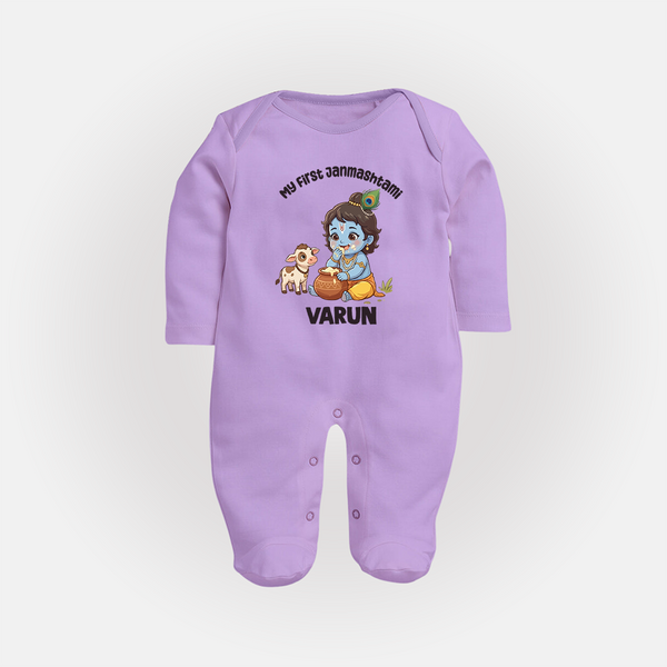 My First Janmashtami Krishna With Cow & Matki Print Fullbody suit - LILAC - New Born (Chest 7.5")