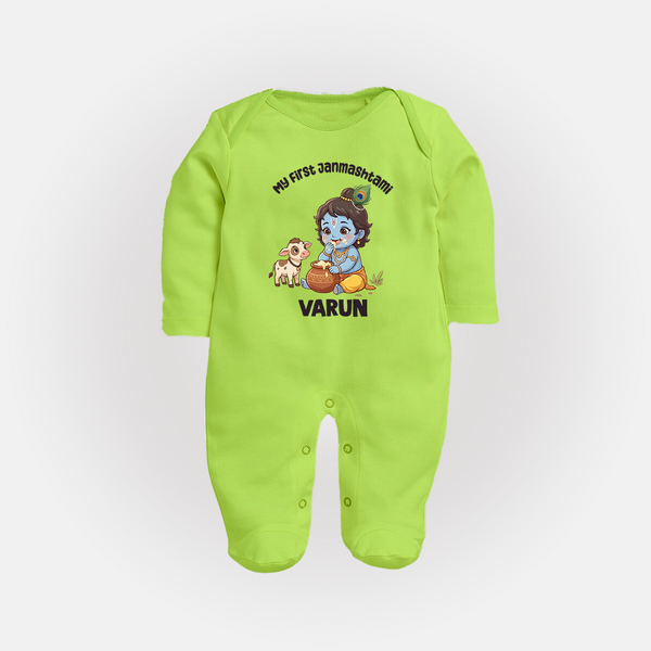 My First Janmashtami Krishna With Cow & Matki Print Fullbody suit - LIME GREEN - New Born (Chest 7.5")