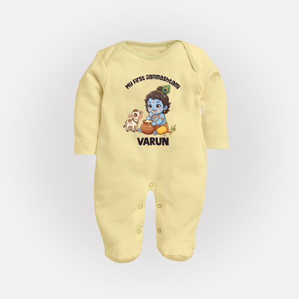 My First Janmashtami Krishna With Cow & Matki Print Fullbody suit - PASTEL YELLOW - New Born (Chest 7.5")