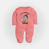 My First Janmashtami Krishna With Cow & Matki Print Fullbody suit - PEACH - New Born (Chest 7.5")